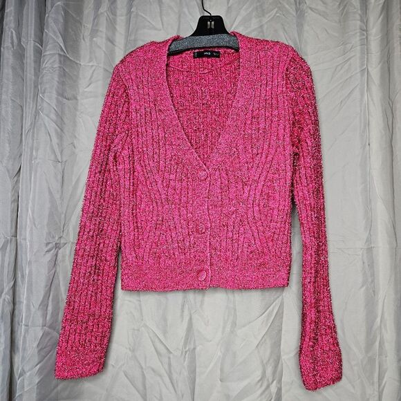 Mango Pink Fuchsia Metallic Cable Knit Long Sleeve Festive Chic Cropped Sweater - Picture 2 of 15
